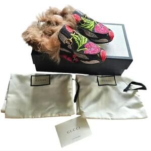 GUCCI Black Floral Brocade Jacquard FUR Princetown Slippers‎ Loafers Size 5.5